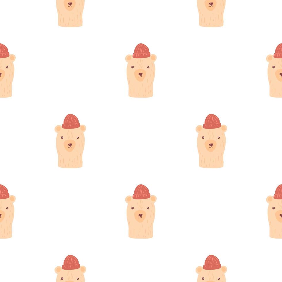 Isolated seamless cute pattern in kids stylistic with pink pale bears print in hats. White background. vector