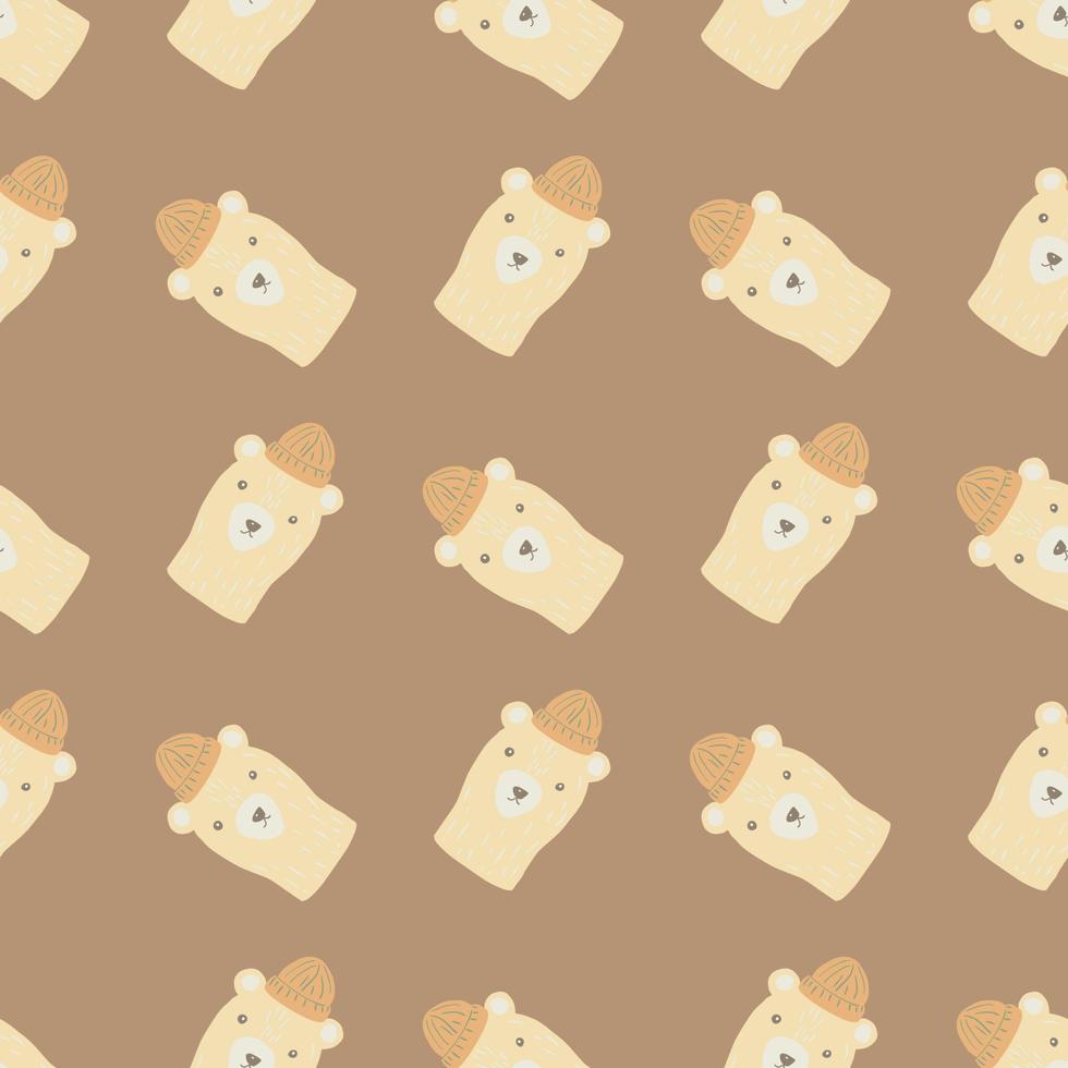 Funny kids seamless pattern with doodle hand drawn bear in hats design. Light brown background. vector