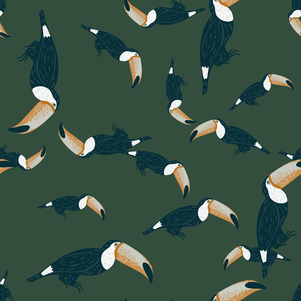 Seamless random pattern with navy blue tiucan bird shapes. Green background. Doodle simple design. vector
