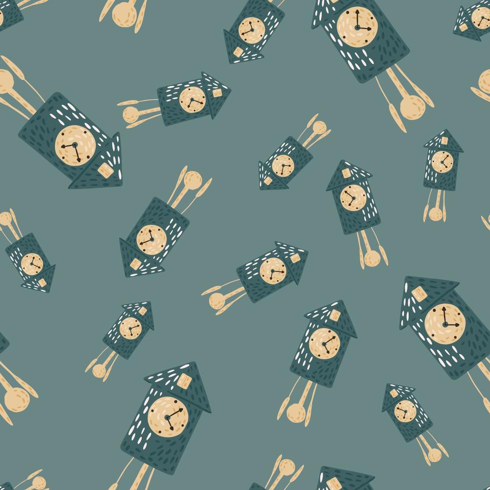 Random antique cuckoo clock ornament seamless pattern in hand drawn style. Navy blue pastel background. vector