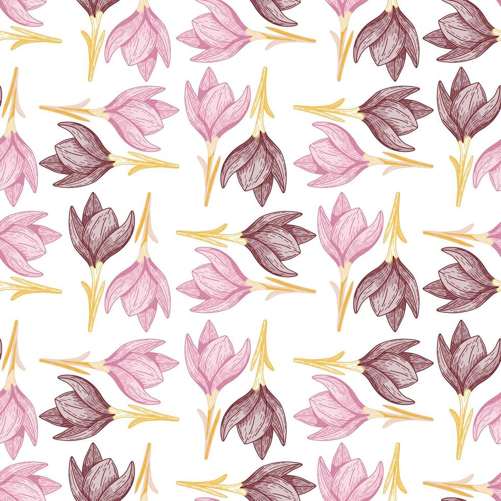 Isolated seamless random pattern with pink and brown crocus flowers ornament. Floral decorative backdrop. vector