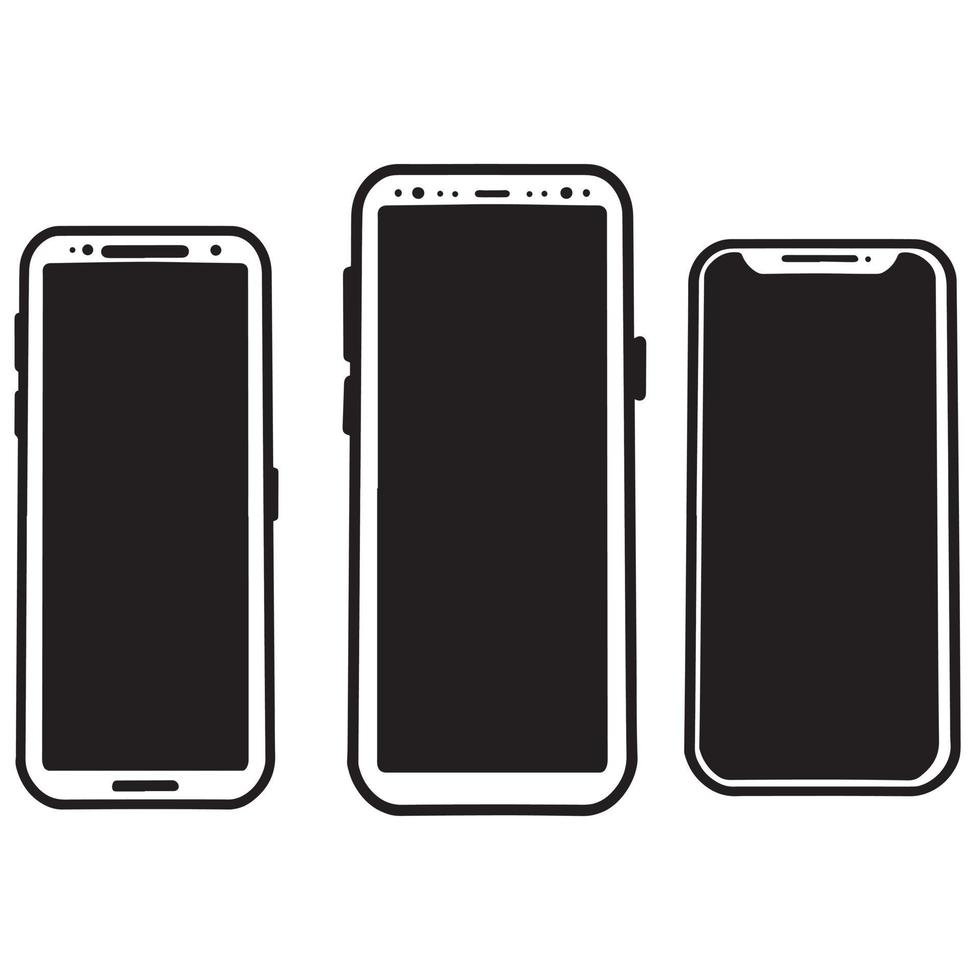 gadgets, teléfono móvil, teléfono inteligente, ilustración de vector de contorno blanco negro