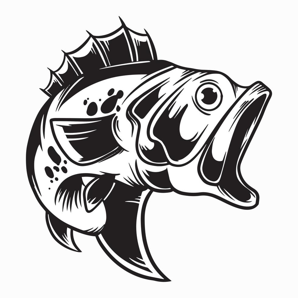silueta de pez bajo saltando, logotipo de pesca ilustración vectorial en blanco y negro vector