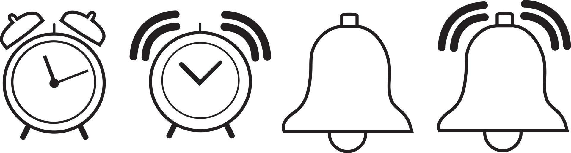 Set alarm clock and bell icon. Bell Icon isolated. Line style clock alarm. Vector ringing bell and notification number sign for alarm clock