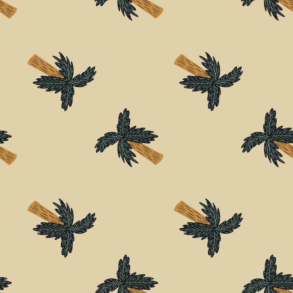Cartoon tropical seamless pattern with navy blue and brown colored palm tree shapes. Pastel background. vector