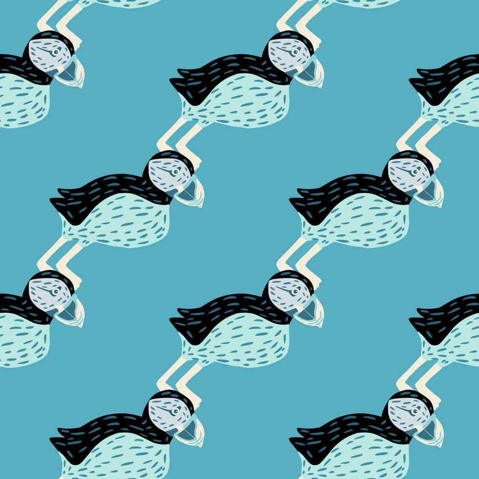Bright seamless pattern with doodle abstract puffin birds elements. Blue background. Simple doodle backdrop. vector