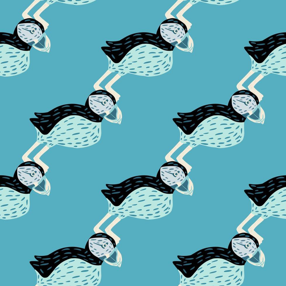 Bright seamless pattern with doodle abstract puffin birds elements. Blue background. Simple doodle backdrop. vector