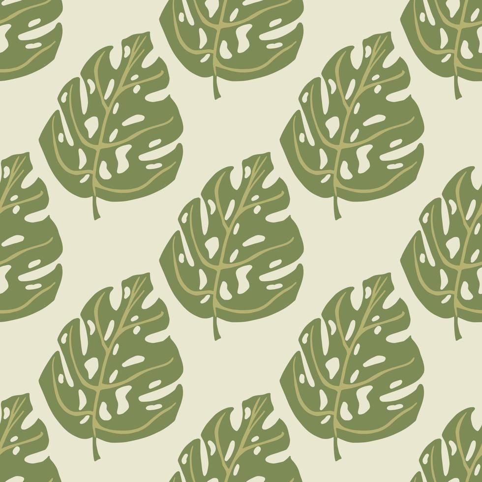 Nature wild flora seamless pattern with doodle green monstera ornament. Light grey background. vector