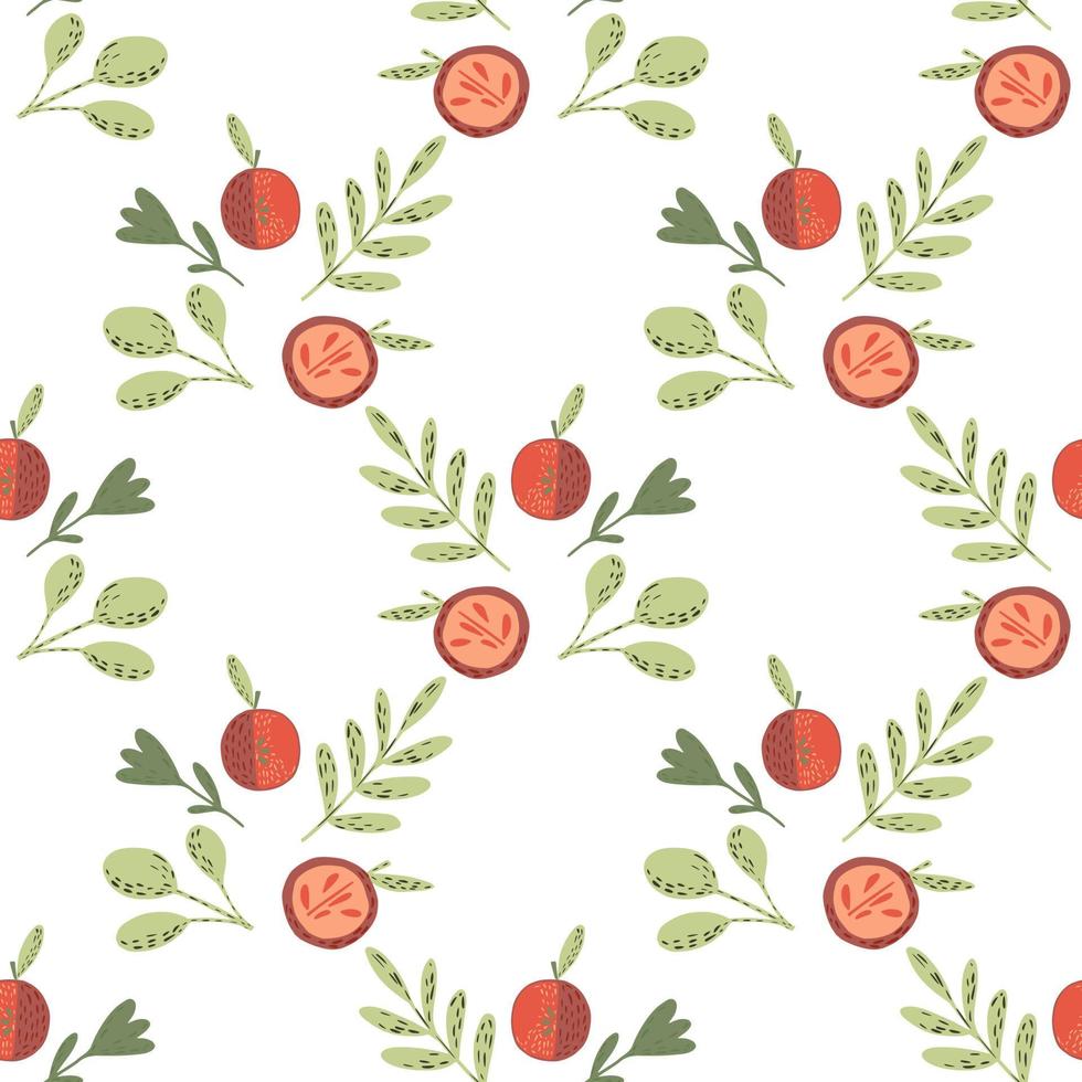 Isolated seamless patern with green leaf branches and red apples print. White background. vector