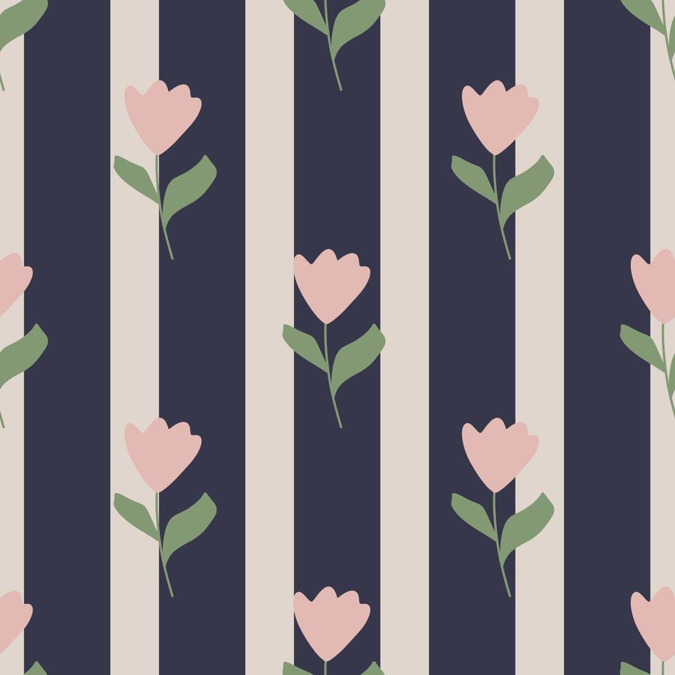Botanic seamless floral pattern with pink tulips flowers silhouettes. Navy blue and grey striped background. vector