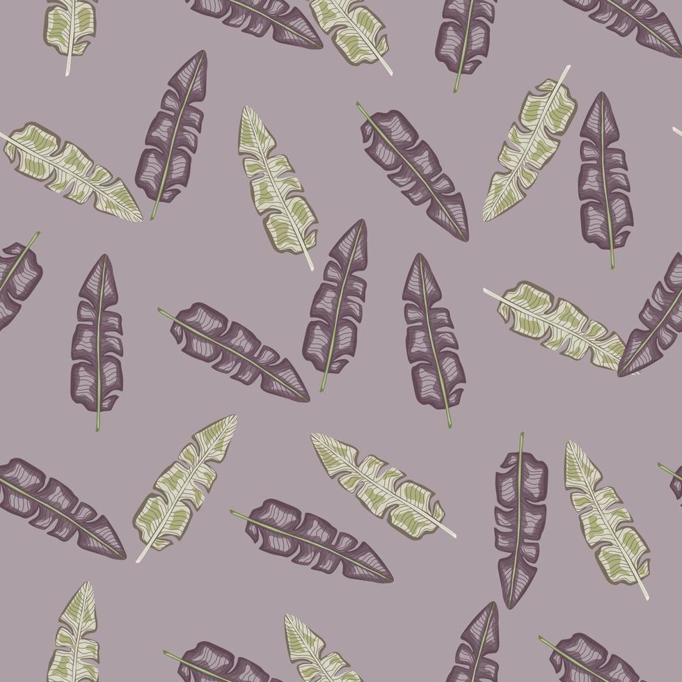 Random seamless botany pattern in pastel purple tones with doodle palm leaves print. Exotic ornament. vector