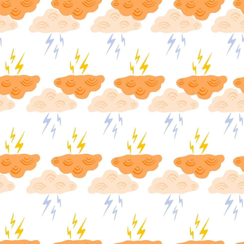 Clouds with lightning of seamless pattern. Cute hand drawn background. vector