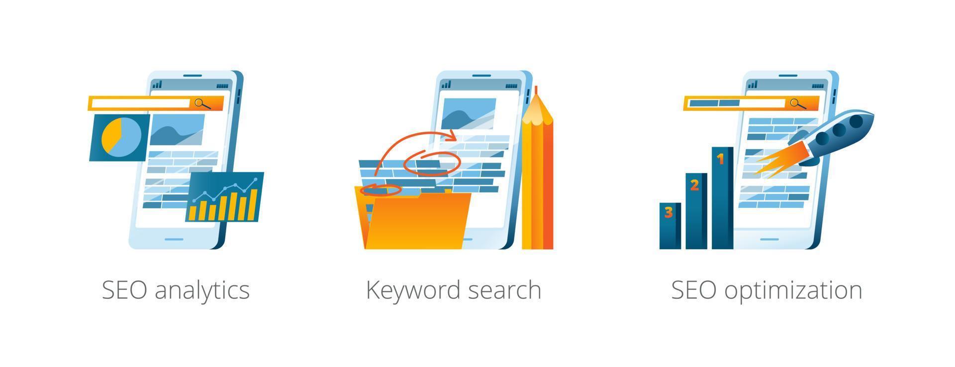 A set of vector illustrations on the topic of SEO and website promotion on the Internet