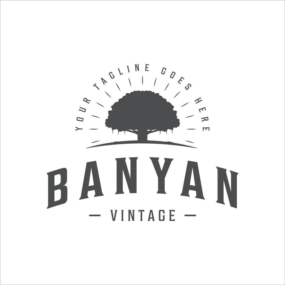 diseño de icono de plantilla de ilustración de vector vintage de logotipo de árbol de banyan con concepto de tipografía de estilo retro