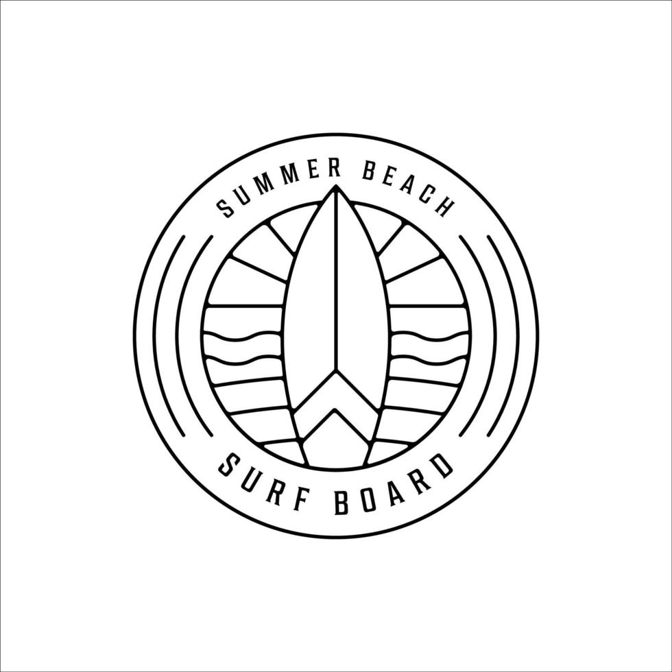 tropical island line art logo minimalist simple vector illustration template icon design. surf board and summer beach linear concept with circle badge typography