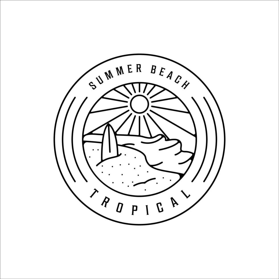 diseño de icono de plantilla de ilustración de vector simple minimalista de logotipo de arte de línea de isla tropical. tabla de surf y concepto lineal de playa de verano con tipografía de insignia circular