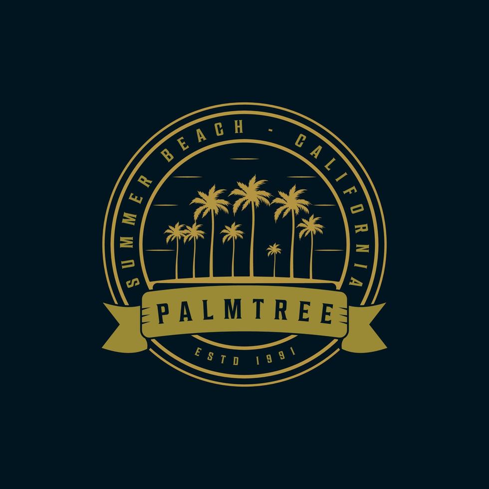 diseño de icono de plantilla de ilustración vintage con logotipo de palmera o cocotero. insignia de círculo retro con concepto de tipografía vector