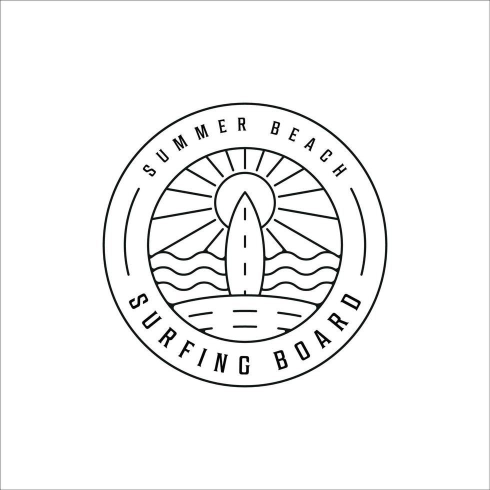 surfing island beach logo line art vector illustration template icon design. paradise with badge minimalist simple typography style