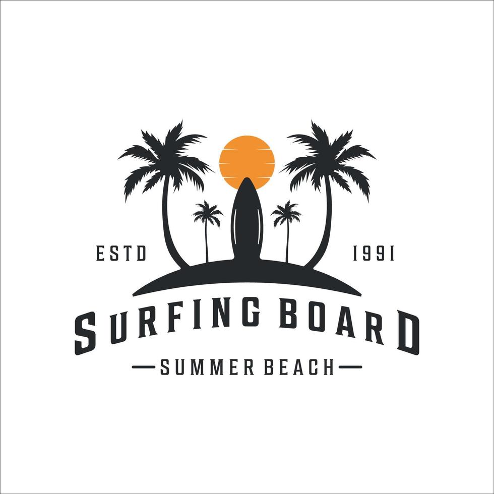 surf beach logo vintage vector ilustración plantilla icono diseño. símbolo retro del paraíso con estilo tipográfico