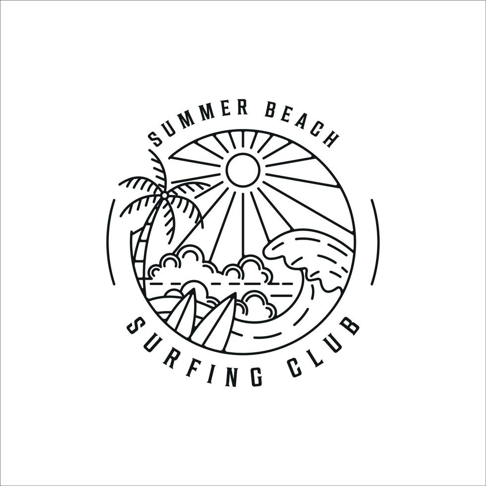 tropical island line art logo minimalist simple vector illustration template icon design. palm surf board and summer beach  linear concept with circle badge typography