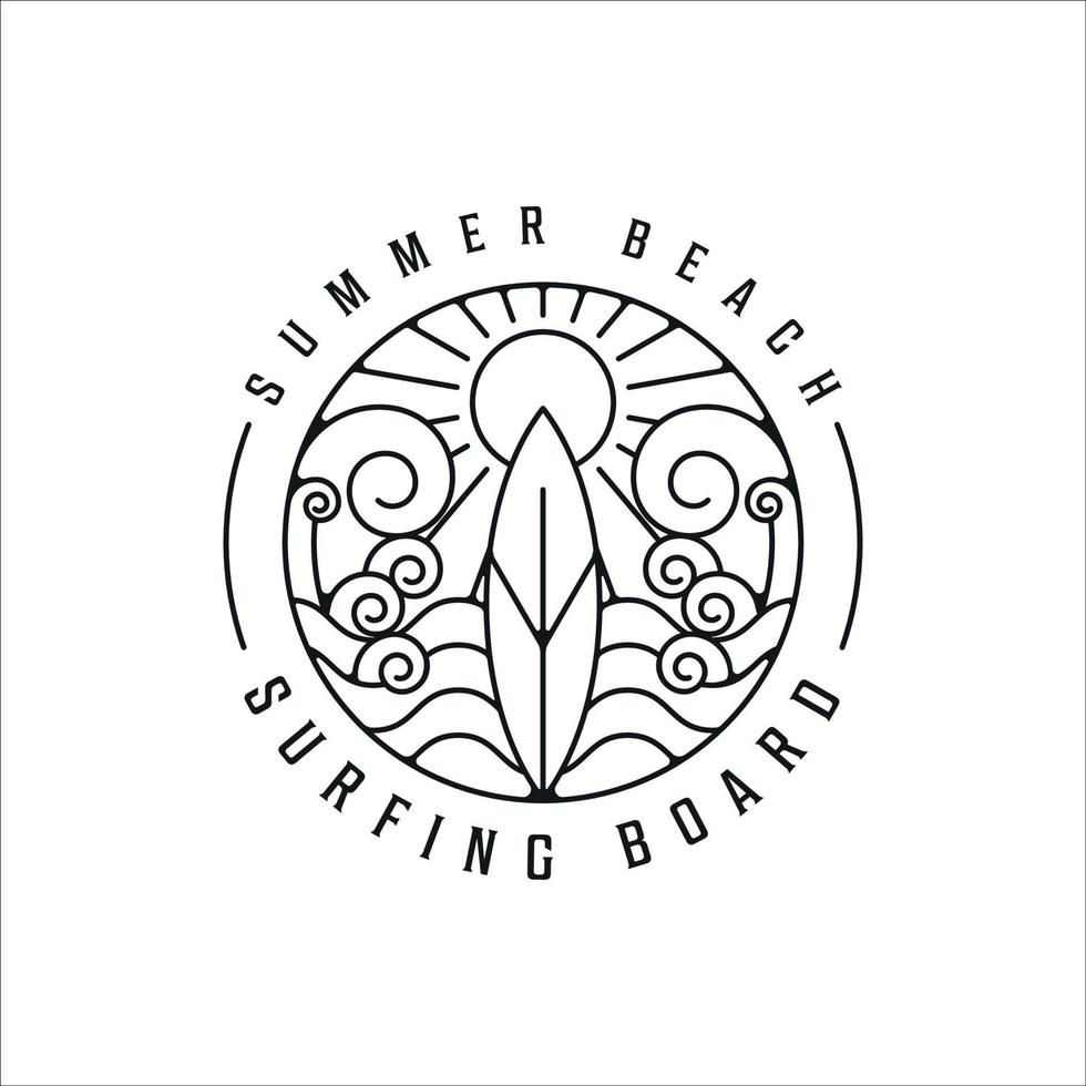 tropical island line art logo minimalist simple vector illustration template icon design. surf board and summer beach wave  linear concept with circle badge typography