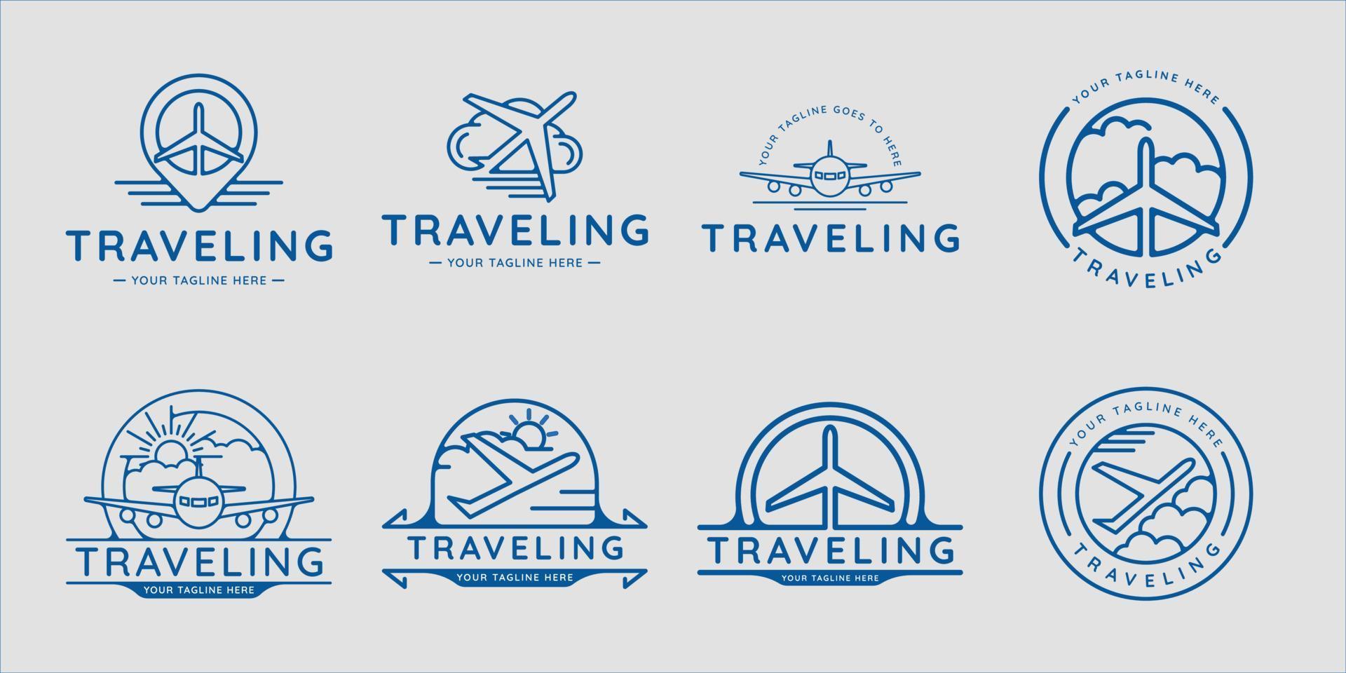 conjunto de diseño gráfico de icono de plantilla de ilustración de vector de arte de línea de logotipo de viaje en avión. colección de paquetes de varios aviones y logotipos de nubes en el cielo para el concepto de transporte de la empresa