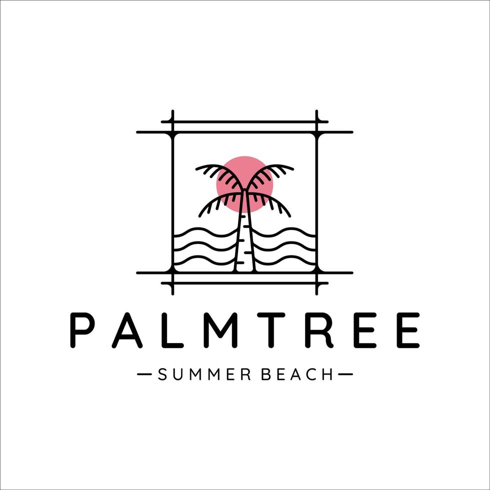 arte de línea de logotipo de palmera o árbol de coco con icono de plantilla de ilustración de vector de puesta de sol . diseño con placa minimalista