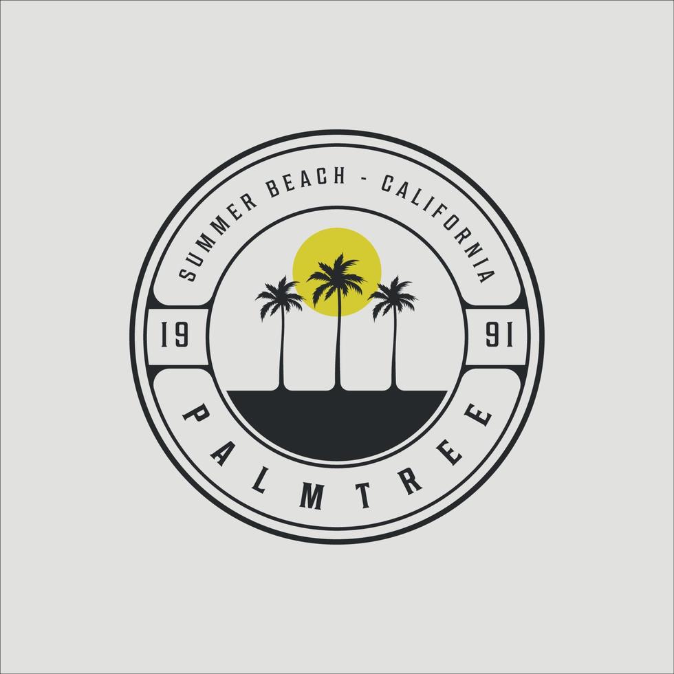 palm or coconut tree logo vintage with sunset vector illustration template icon design . retro island with typography style badge circle concept