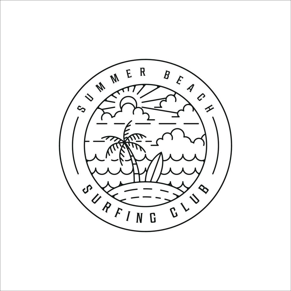 tropical island line art logo minimalist simple vector illustration template icon design. palm surf board and summer beach  linear concept with circle badge typography