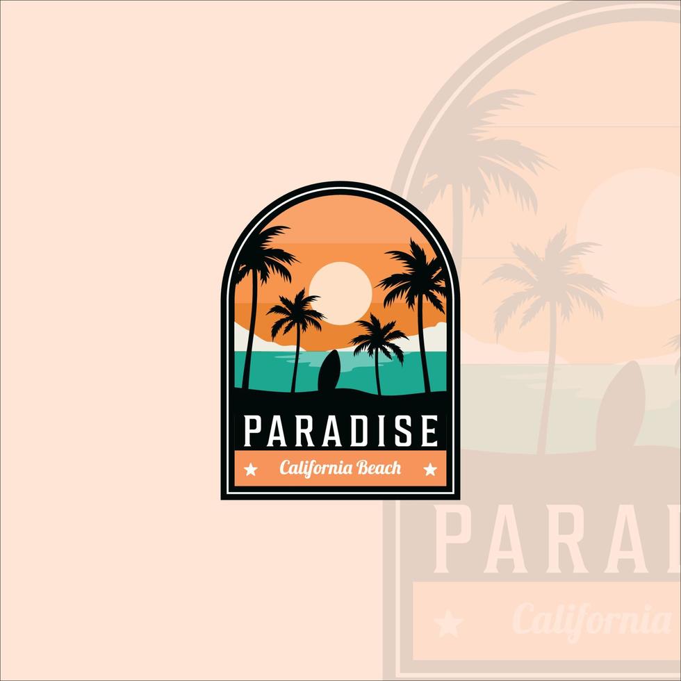 playa o paraíso emblema logo moderno vintage vector ilustración plantilla icono diseño gráfico. palmera o cocotero al aire libre con signo o símbolo de tabla de surf para la aventura de viaje