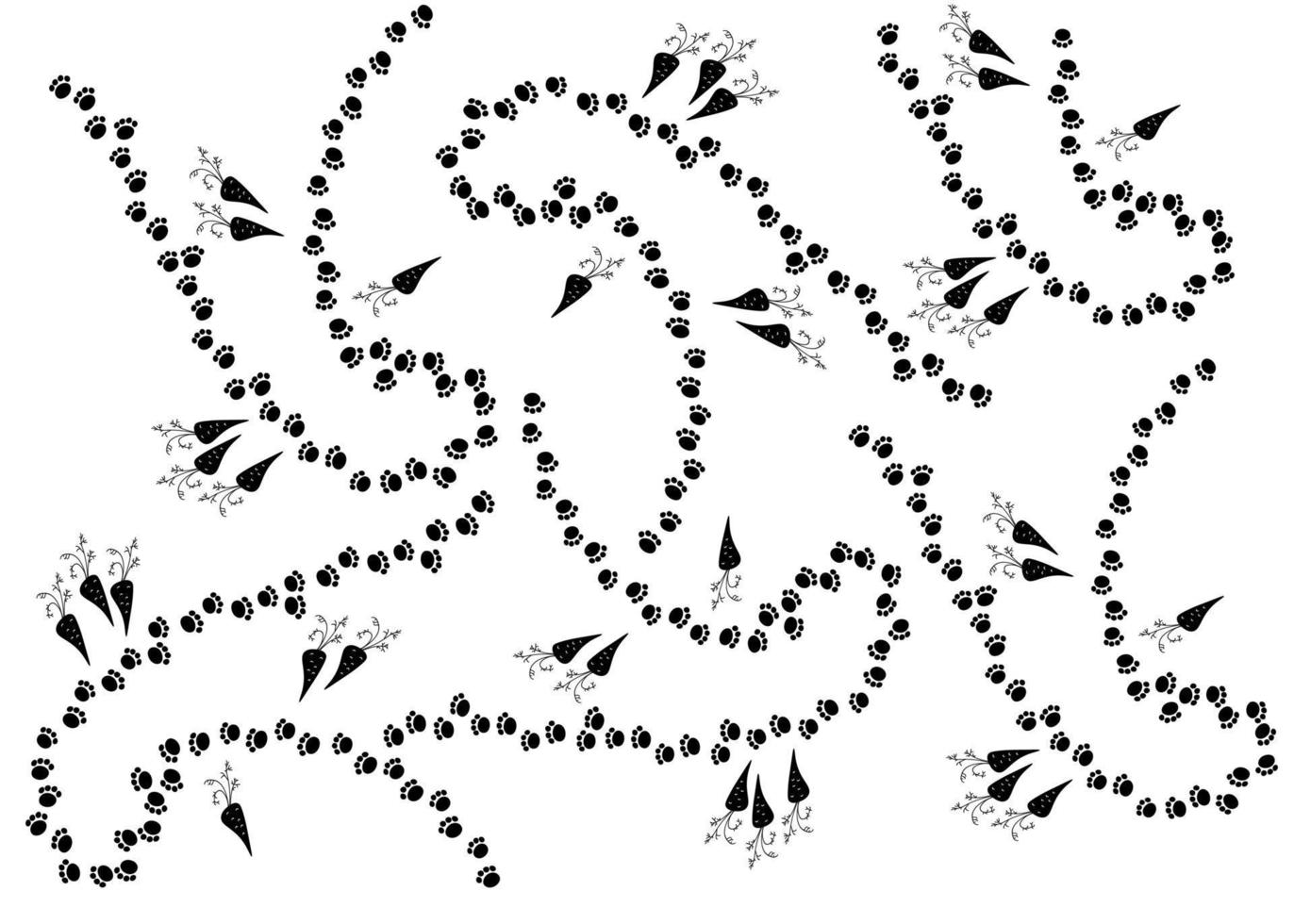 Rabbit foot print steps path and carrot vector doodle hand drawn background.