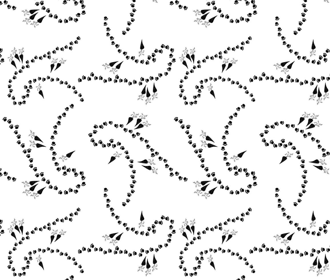 Rabbit foot print steps path and carrot vector doodle hand drawn background.