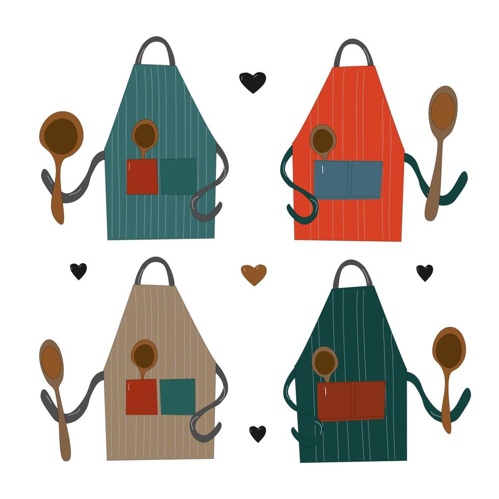 Kitchen apron set doodle sketch hand drawn vector element. set doodle sketch hand drawn vector element.