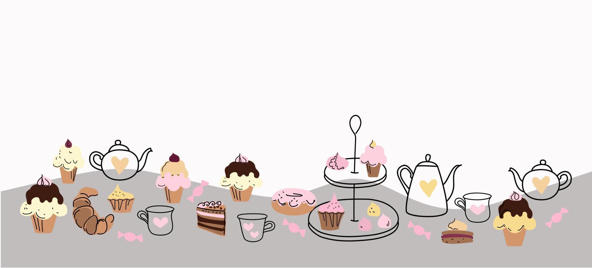 Afternoon tea with cakes, doodle sketch hand drawn vector design banner.