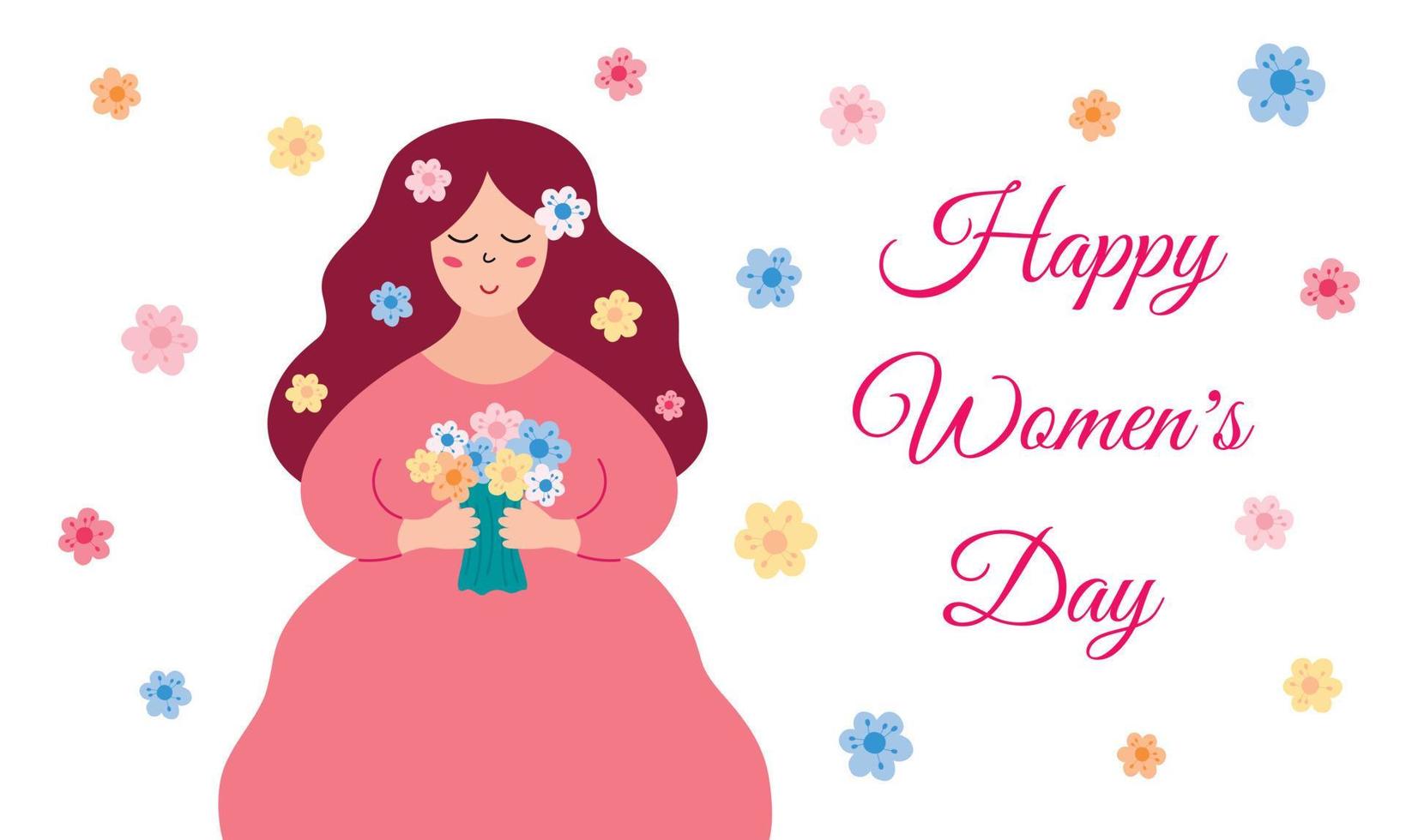 tarjeta de felicitación del día de la mujer feliz. linda chica hermosa con el pelo largo con ramo de flores de primavera. mujer de pelo largo sonriendo. cartel del día internacional de la mujer. ilustración plana vectorial vector