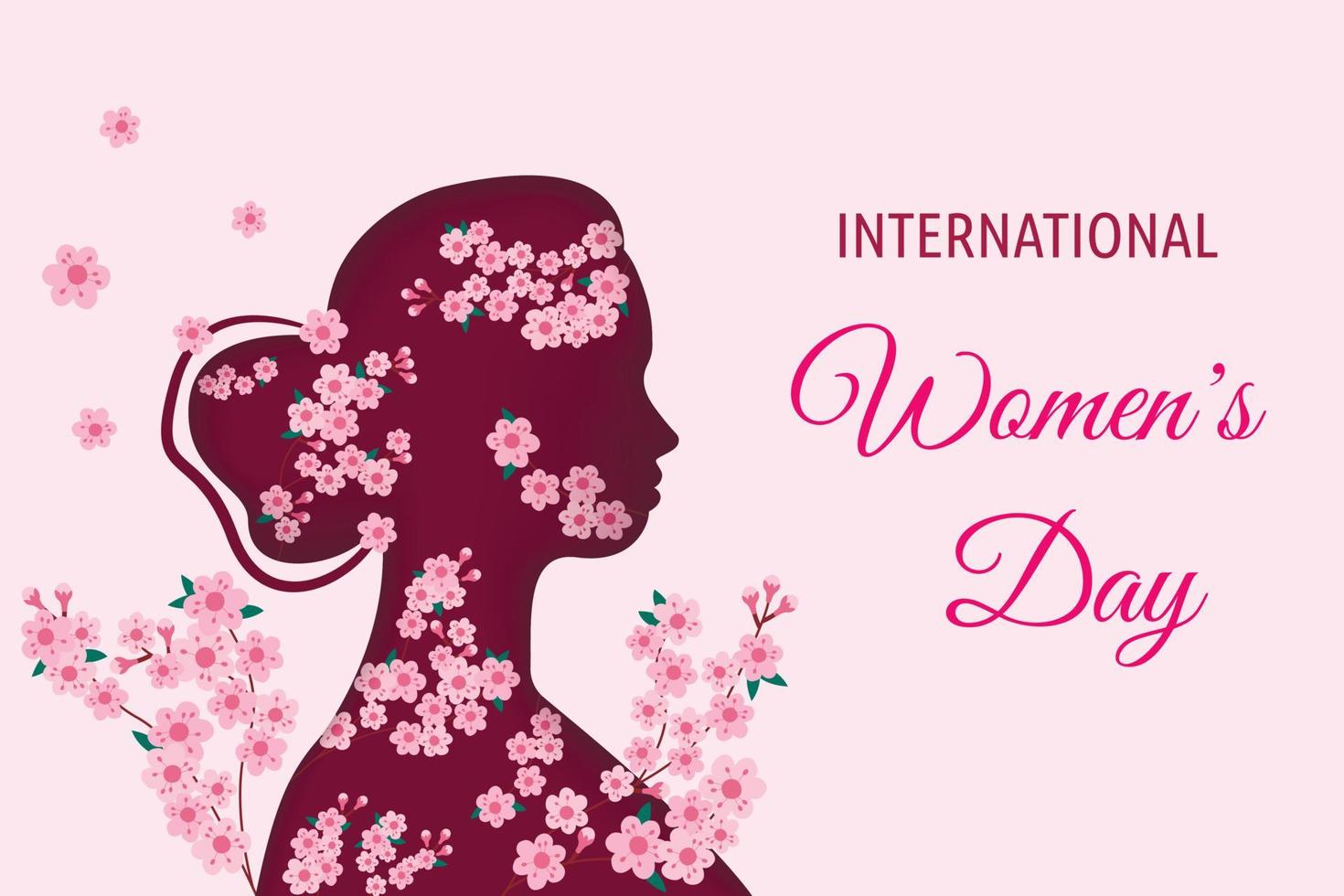 Happy Womens Day greeting card vector illustration. Papercut female silhouette in profile with beautiful pink Sakura flowers and branches. Cute paper craft design for International Women Day holiday