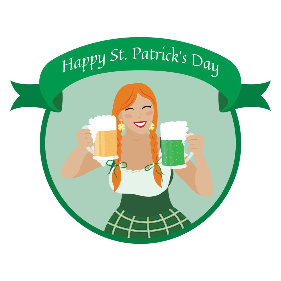 Saint Patricks Day girl. Happy St Patricks Day greeting card, poster. Cute cartoon Irish woman in green national dress smiles and hold two beer mugs. Vector flat illustration