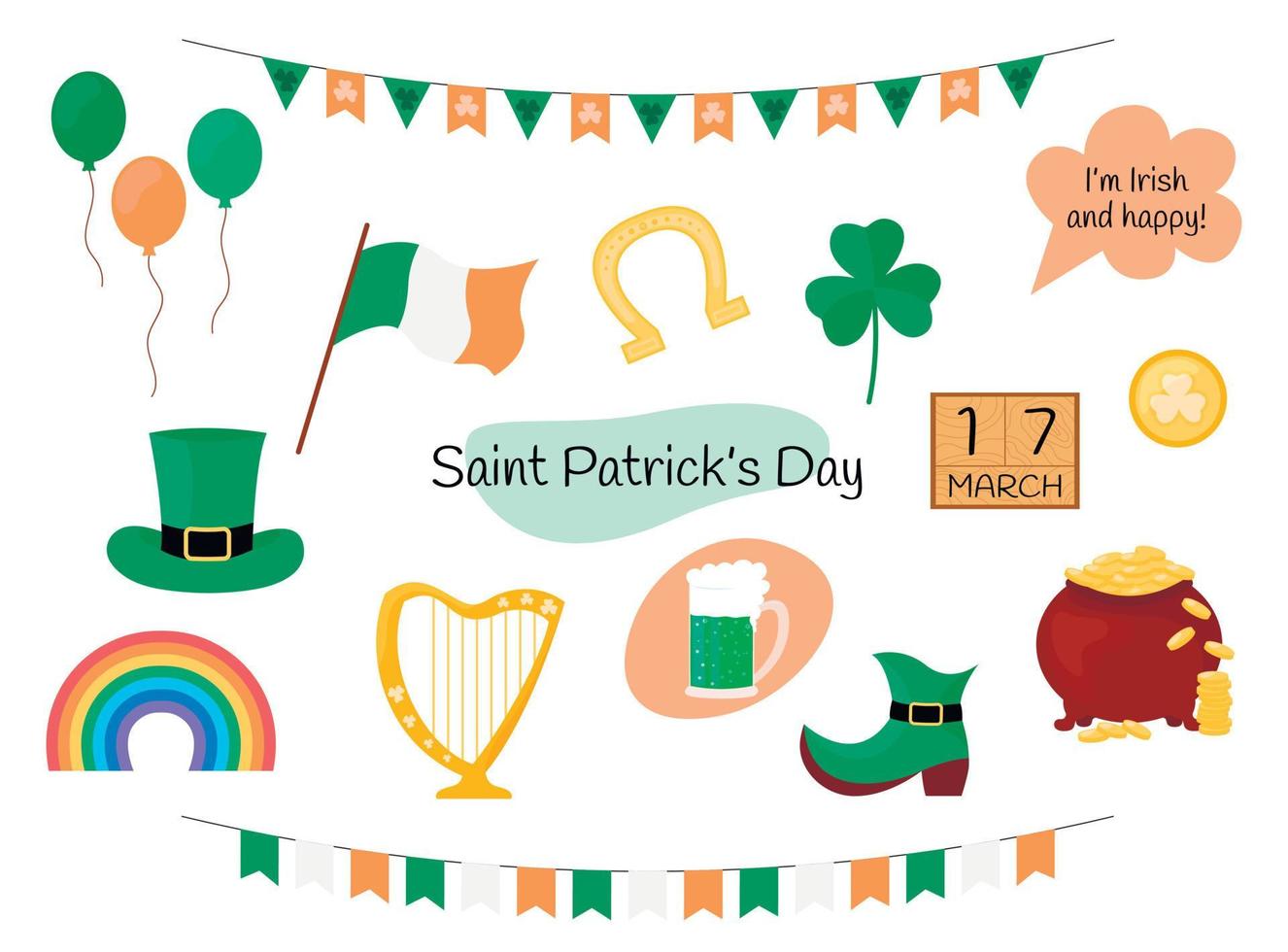 Saint Patricks Day set of holiday elements. Vector collection of isolated traditional Irish items. St Patricks shamrock, green beer, gold and other
