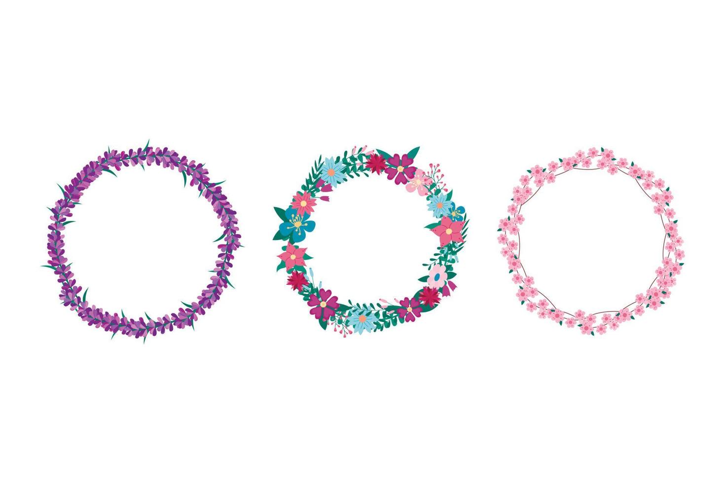 Floral round frames isolated on white background. Vector set of wreaths with Lavender, meadow flowers and Sakura blossom. Flat floral vignettes illustration