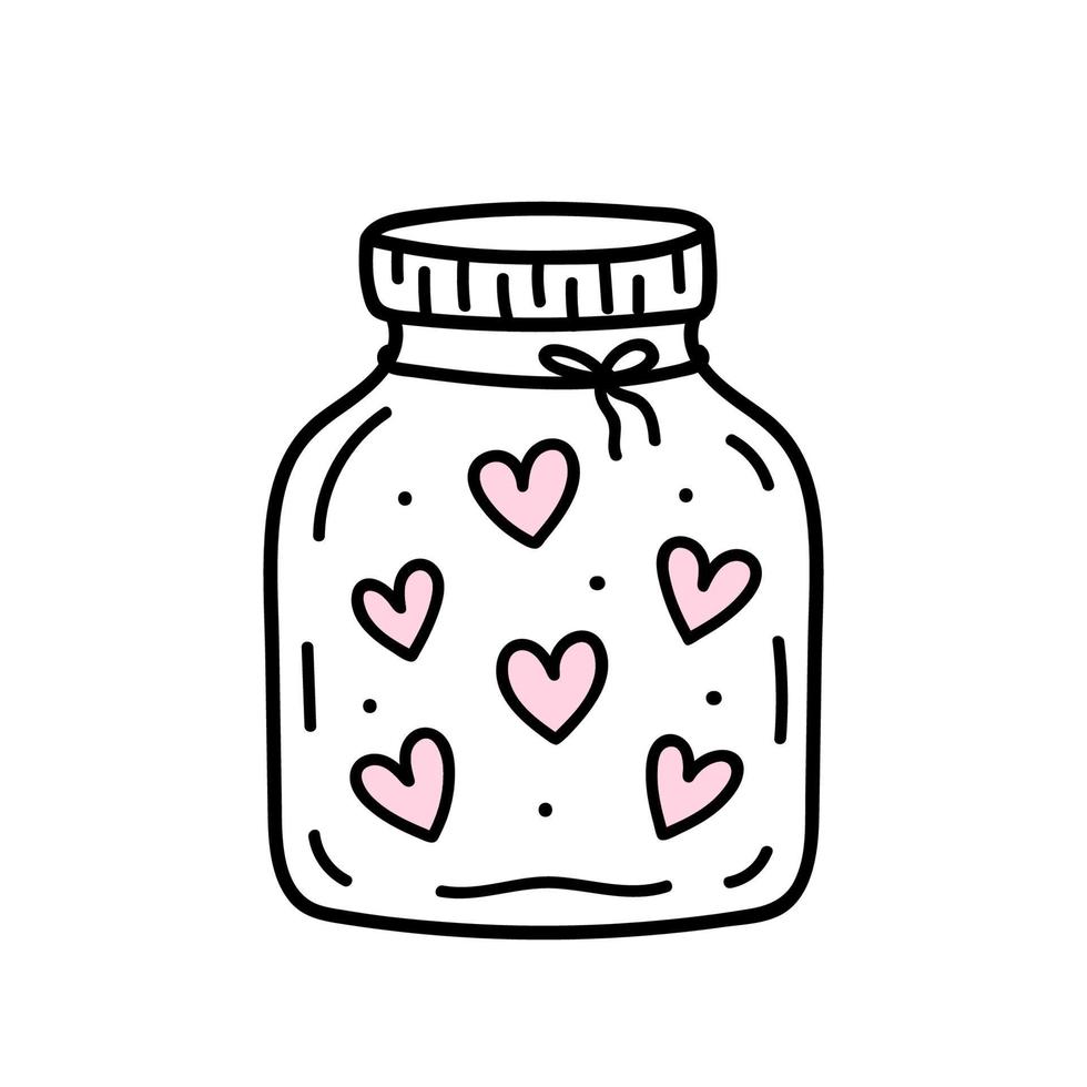 Cute jar filled with hearts isolated on white background. Vector hand-drawn illustration in doodle style. Perfect for Valentine's Day designs, cards, invitations, decorations.