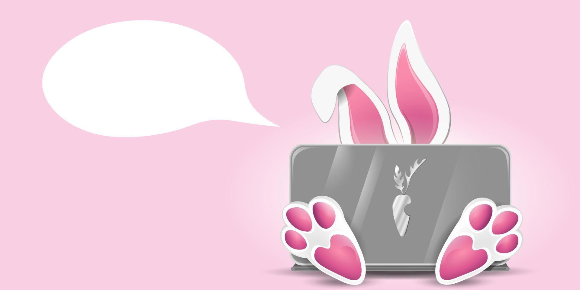 Cute rabbit behind laptop vector