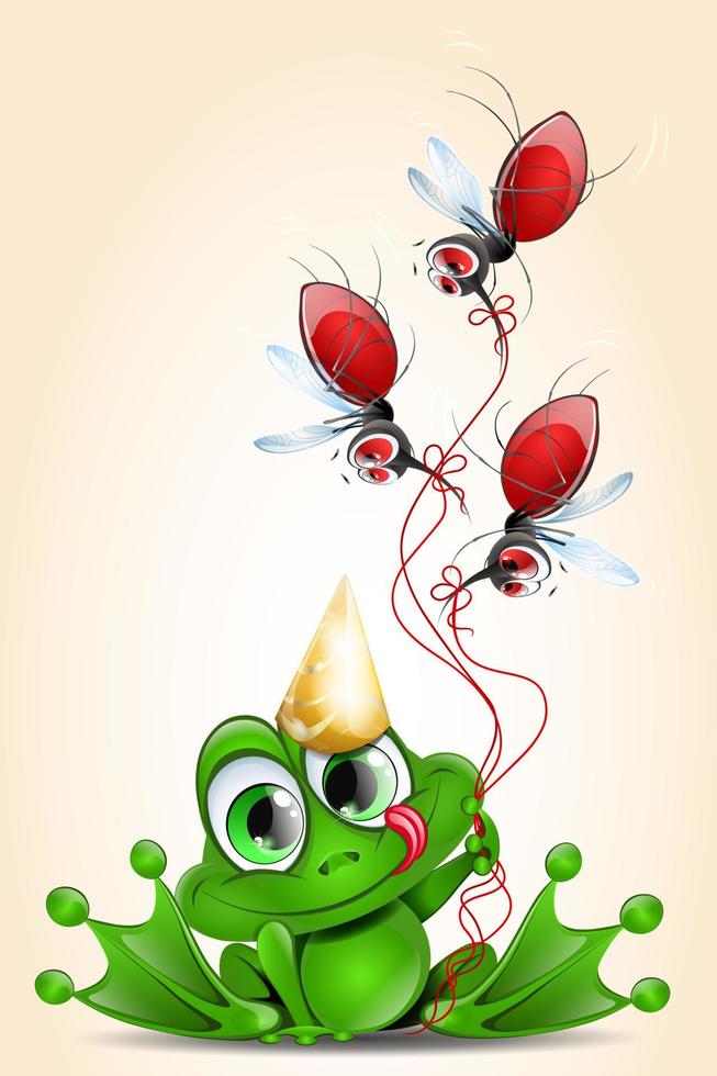 cumpleaños de rana con globos de mosquitos vector