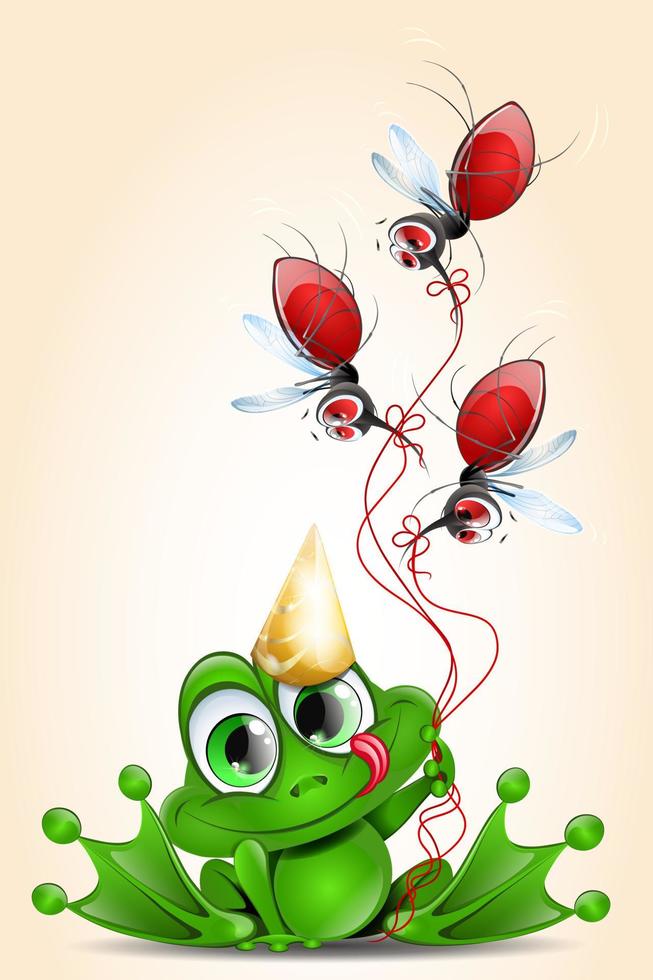 Frog birthday with mosquitos balloons vector