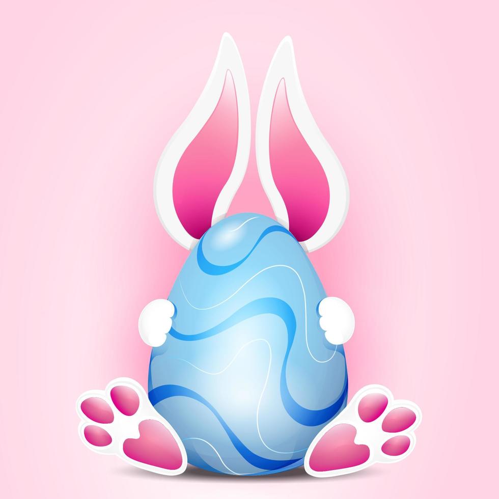 Cute easter bunny hugged blue colored egg decorated with ornament vector