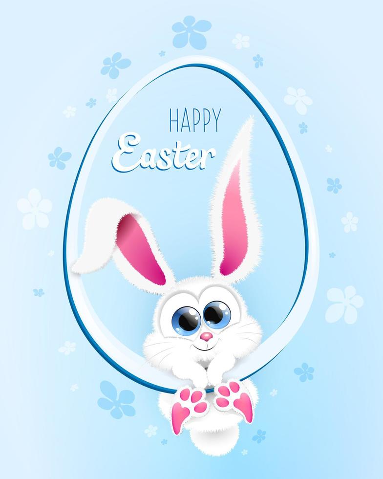 Fluffy bunny hanging in the egg shape frame vector