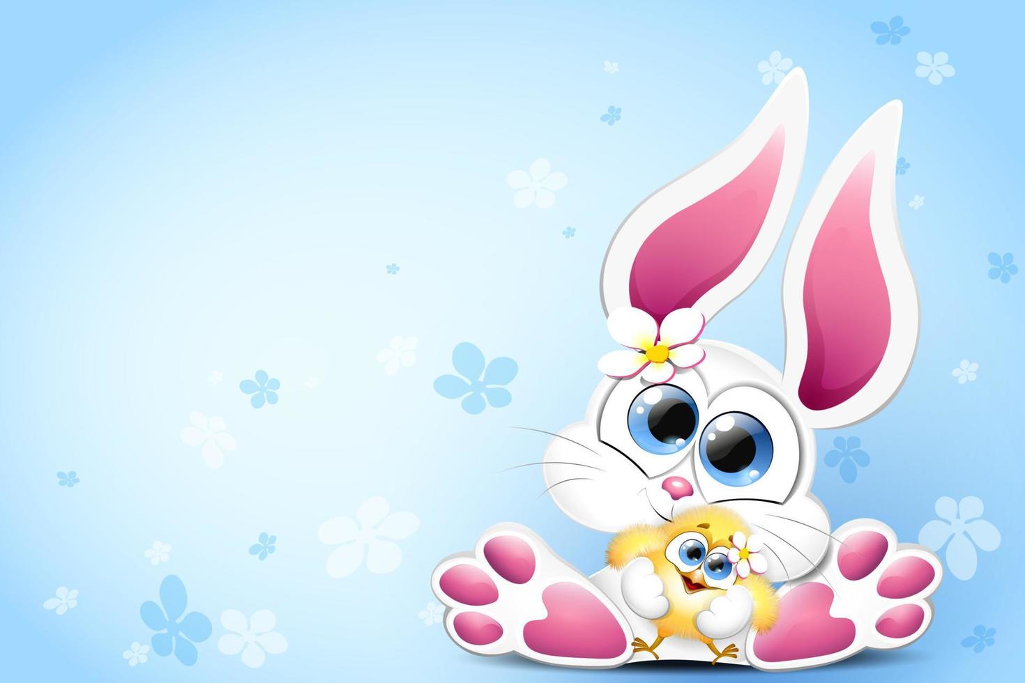 Bunny and chick with flowers vector