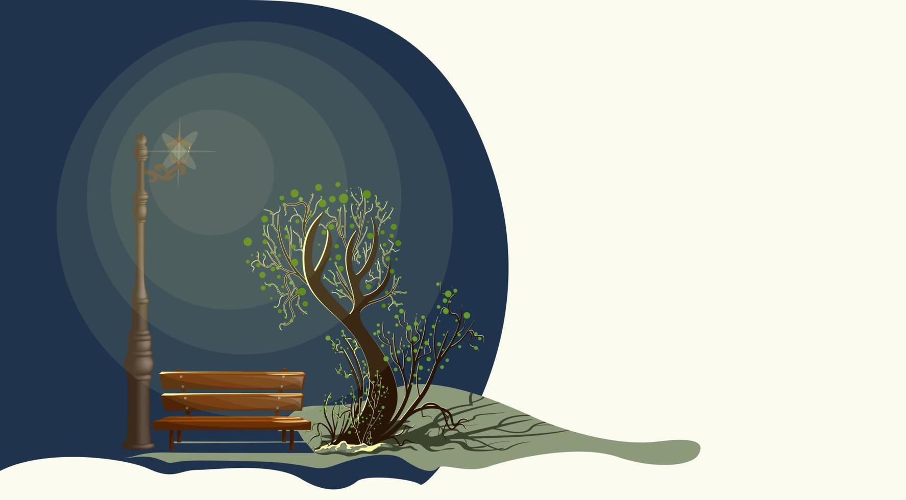 Vector image of a single tree under the illumination of a lantern in the autumn and summer in the evening. Ecological Stop for a passer-by with a bench Stylization. EPS 10