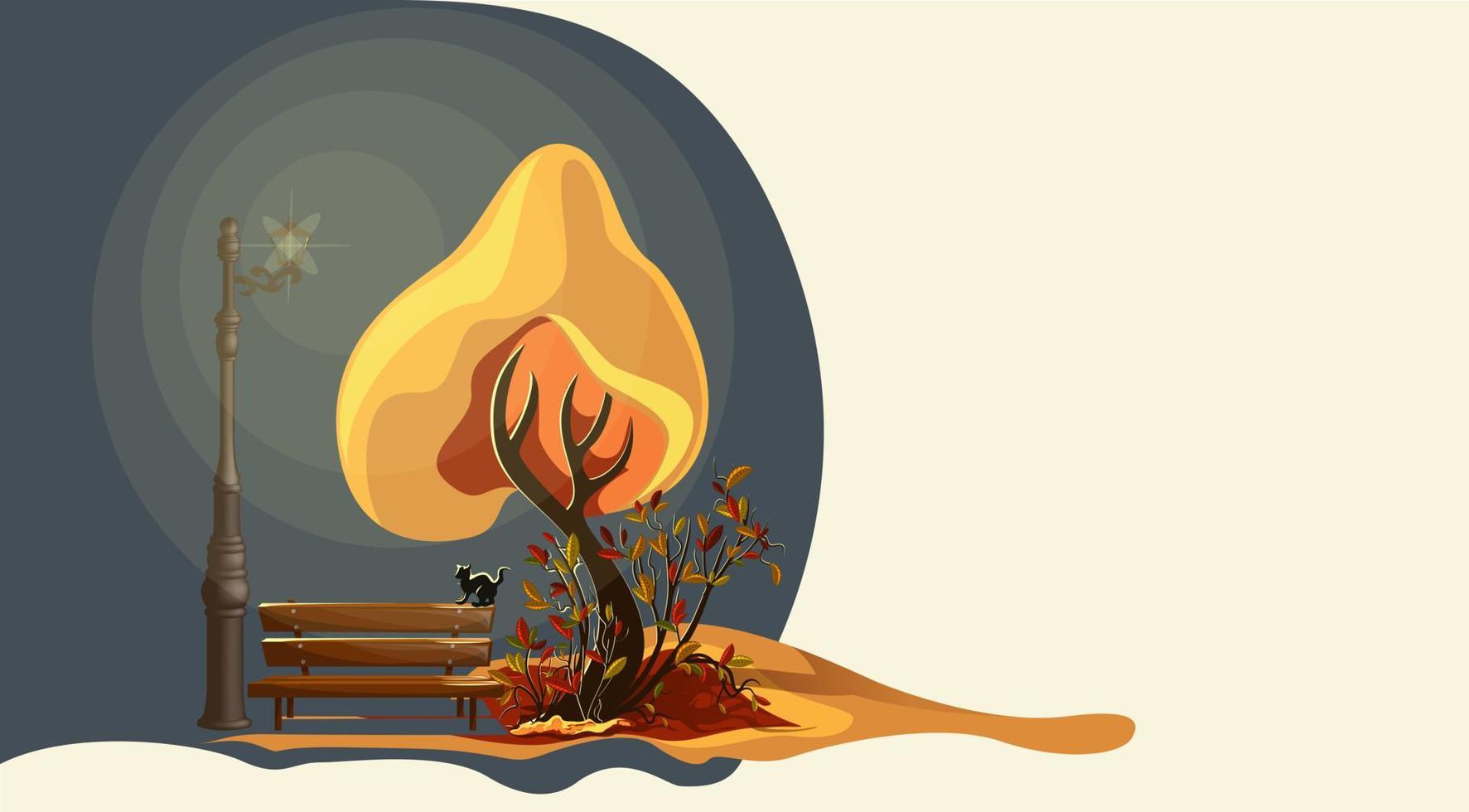Vector image of an autumn evening background. a bench near a tree under a glowing lantern. Composition. EPS 10