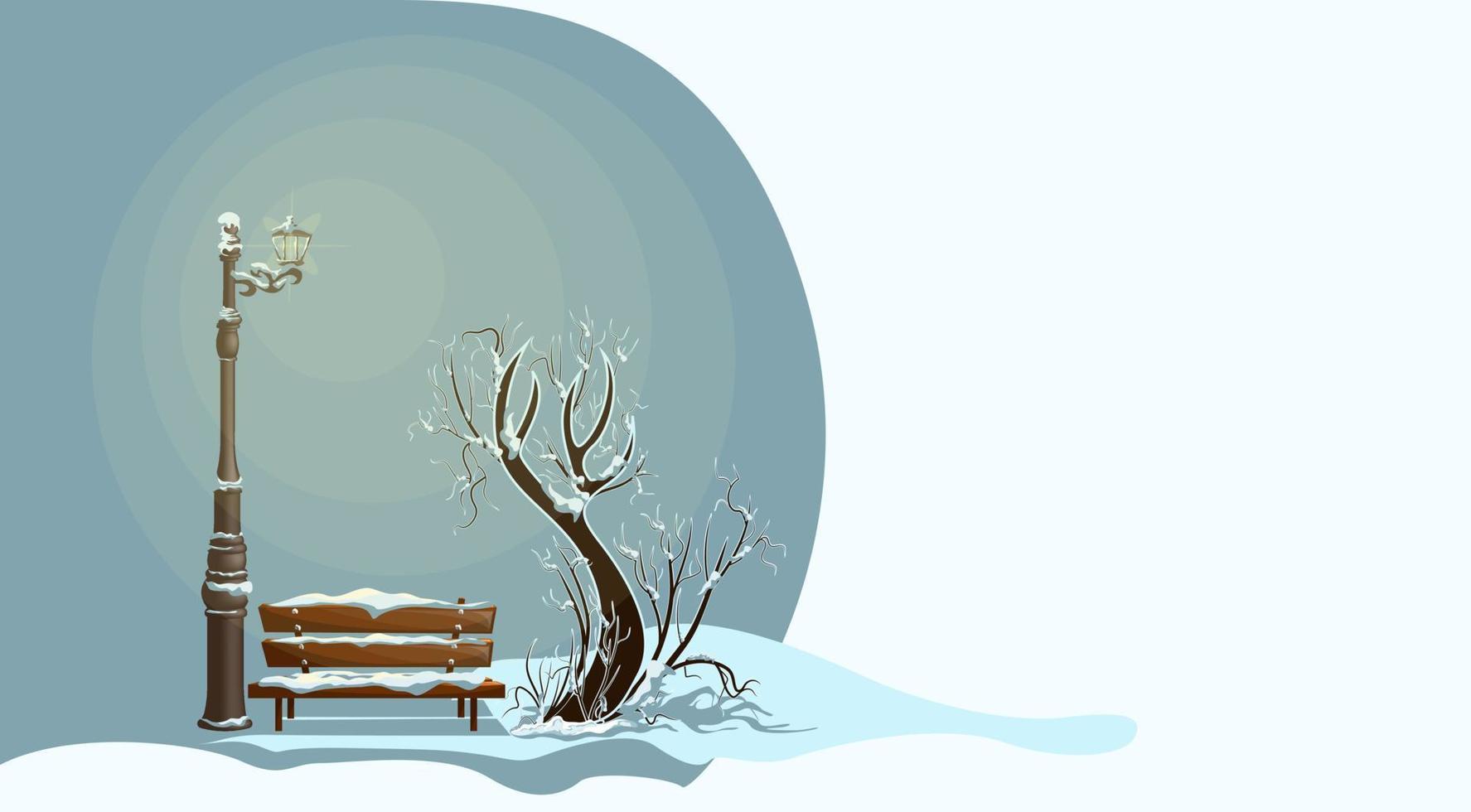 Vector image of a winter landscape. A tree with a bench under a luminous lantern. Ecological Stop for the passer-by. Stylization. EPS 10