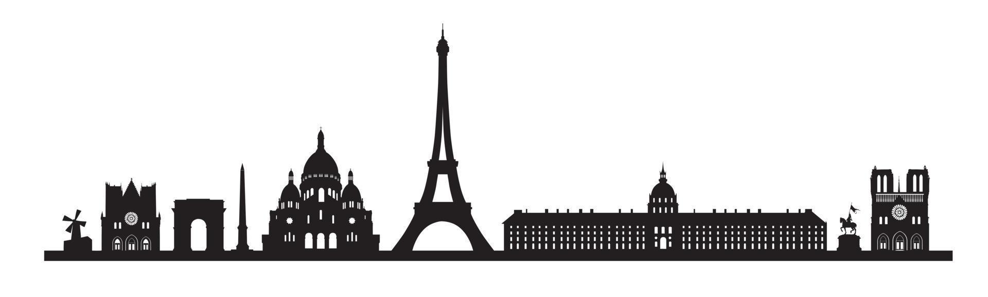 fondo del horizonte de París. conjunto de iconos de monumentos famosos de París. francia, parís viajes paisaje urbano negro vector